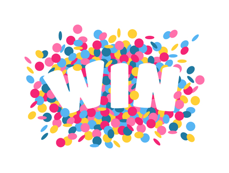 Win sign with colour confetti vector paper illustration. Success luck message contest promotion win text. Banner competition award lucky lottery word win text. Shop or web site reward gamble championのイラスト素材
