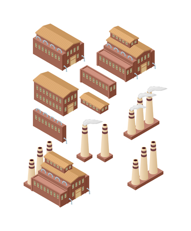 Isometric factory building vector icon. Industrial building infographic element isometric industrial factory, Some warehouse industrial symbol. Architecture house exterior cityscapeのイラスト素材