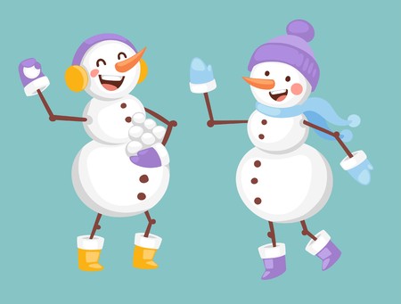 Vector cartoon cute white snowman in clothes with attributes of Christmas in hands on background. Color cartoon snowman characters. Vector cartoon snowmanのイラスト素材