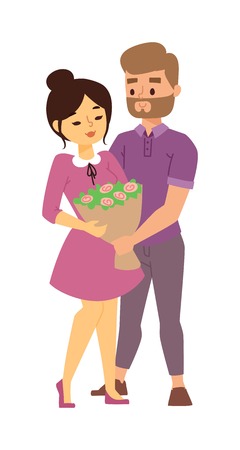 Happy romantic couple in love and having fun with daisy outdoor in summer day. Beauty nature couple in love harmony concept. Couple in love dating pair, hipster guy outdoor leisure.のイラスト素材