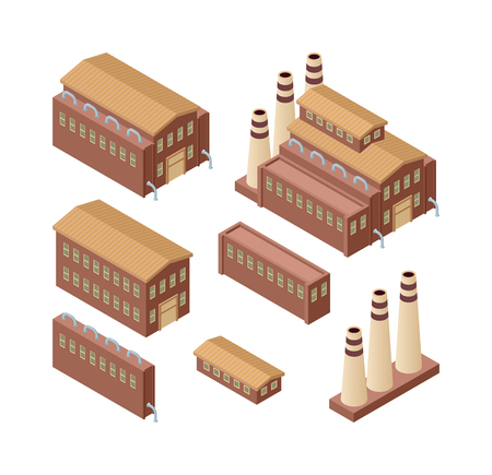 Isometric factory building vector icon. Industrial building infographic element isometric industrial factory, Some warehouse industrial symbol. Architecture house exterior cityscapeのイラスト素材