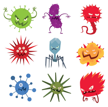 Cartoon viruses characters vector illustration organism biology. Isolated cartoon viruses characters on white background. Funny vector graphic infection cartoon viruses characters bacteria ugly.のイラスト素材