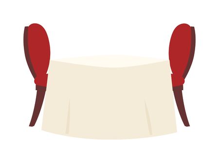 Empty table in restaurant with round tablecloth and red chairs vector. Restaurant table elegance tablecloth bar interior luxury place. Bright banquet restaurant table shiny fine decoration.のイラスト素材