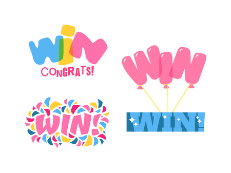 Win sign with colour confetti vector paper illustration. Success luck message contest promotion win text. Banner competition award lucky lottery word win text. Shop or web site reward gamble championのイラスト素材