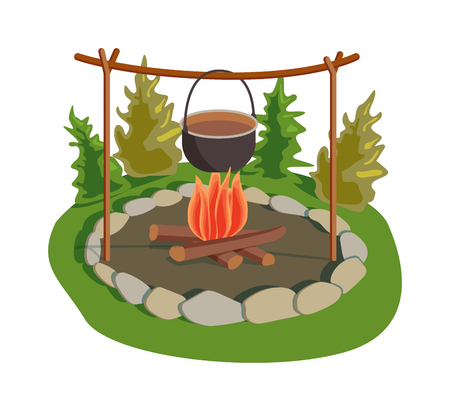 Isolated bonfire with camping pot on white and pot on bonfire camping fresh warm food. Vector pot on bonfire picnic travel and pot on bonfire soup camp food. Cook heat water soup in kettle.のイラスト素材