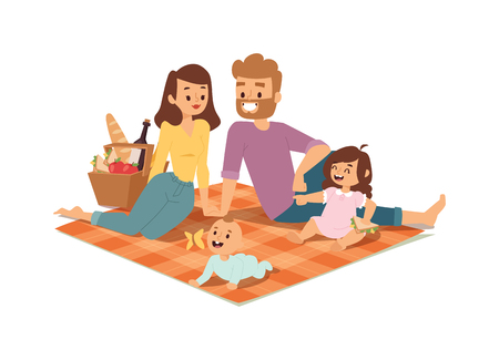 Family picnicking summer happy lifestyle park outdoors together, enjoying meadow vacation character vector. Family picnic vacation and summer family picnic. Happy family picnic resting outdoors.のイラスト素材