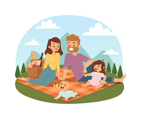 Family picnicking summer happy lifestyle park outdoors together, enjoying meadow vacation character vector. Family picnic vacation and summer family picnic. Happy family picnic resting outdoors.のイラスト素材