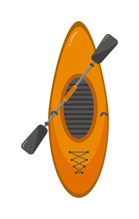 Top view of crossover kayaking boat whitewater and river running kayaking boat isolated. Vector kayaking boat river landscape, orange boat, rowing river. Transportation health sport.のイラスト素材