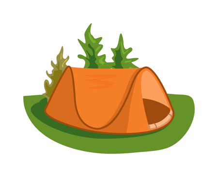 Forest camping vector concept with tourist outdoor tent. Outdoor tent summer nature leisure and activity camping outdoor tent. Forest sport landscape campsite outdoor tent on green grass wilderness.のイラスト素材