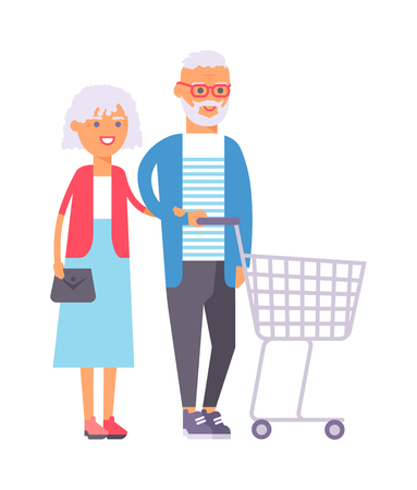 Handsome couple doing shopping city lights vector illustration. Buying happiness customer casual two shopping couple people. Happy beautiful old shopping couple indoors romance shopaholic embracing.のイラスト素材