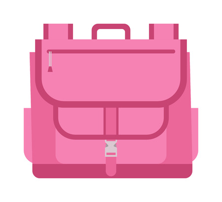 Kid school bag isolated on white background. Cartoon style school bag handle strap sack, textile rucksack. School bag children equipment. School supplies educational full schoolbag adventure.のイラスト素材