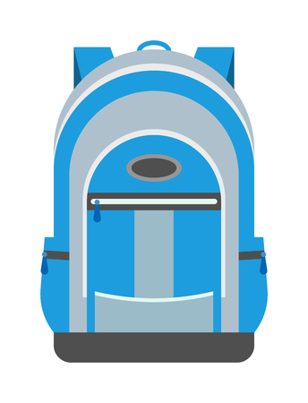 Kid school bag isolated on white background. Cartoon style school bag handle strap sack, textile rucksack. School bag children equipment. School supplies educational full schoolbag adventure.のイラスト素材