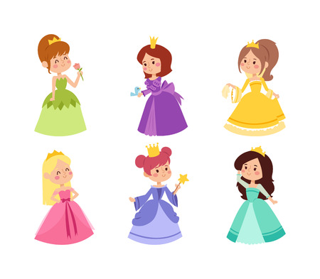 Cute collection of beautiful princesses vector character set. Collection adorable elegance style princess little girls. Princess fashion fairytale costume, magic fantasy cute dress crown girl.のイラスト素材
