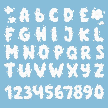 English alphabet from clouds on blue sky background. Cloud alphabet decoration number typeface symbol blue sky vector. Weather text heaven design cloud alphabet letter typeset alphabet.のイラスト素材