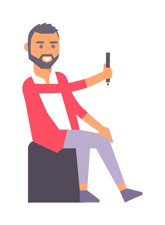 Young artist creative boy artist during pain work in studio. Portrait drawing designer artist creative people vector. Colorful adult painter artist boy designer creative people with paintbrush.のイラスト素材