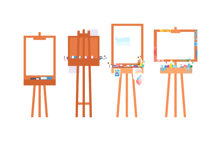 Easel art board vector isolated. Art board for some artist with paint brush and palette. Artist painting board isolated on white. Easel canvas artboardのイラスト素材