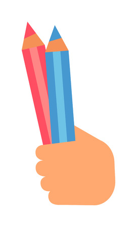 People hand holding pencil on white background. Human education hand holding sketch pencil vector symbol. People design hand with pencil presentation message drawing school graphic.のイラスト素材