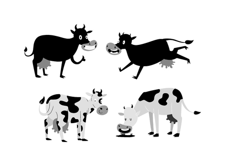 Milk cow bull with calf bull buffalo. Different cows colors dairy farm beef, nature domestic farm animals. Cartoon cows action set, with cute lovely heifer different in different poses vector.のイラスト素材