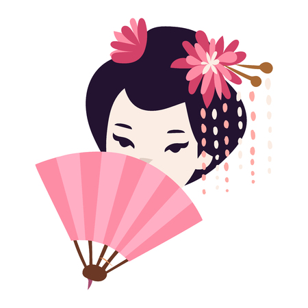 Vector kokeshi doll japanese geisha girl face character. Colorful kimono pretty traditional woman beautiful makeup japanese geisha girl. Japanese geisha girl fashion culture beauty art.のイラスト素材