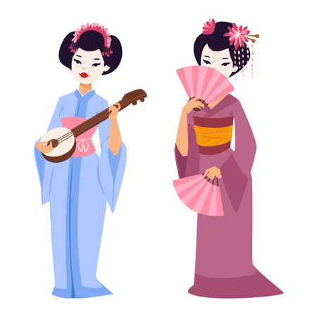 Vector kokeshi doll japanese geisha girl character. Colorful kimono pretty traditional woman beautiful makeup japanese geisha girl. Japanese geisha girl fashion culture beauty art.のイラスト素材