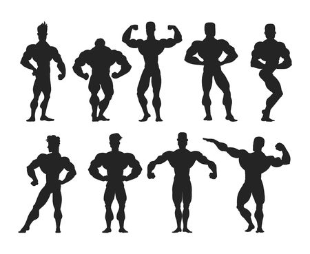 Set of muscular, bearded mans bodybuilders vector illustration. Fitness models bodybuilders, posing, bodybuilding style man. Isolated mens physics muscle sport healthy bodybuilders.のイラスト素材