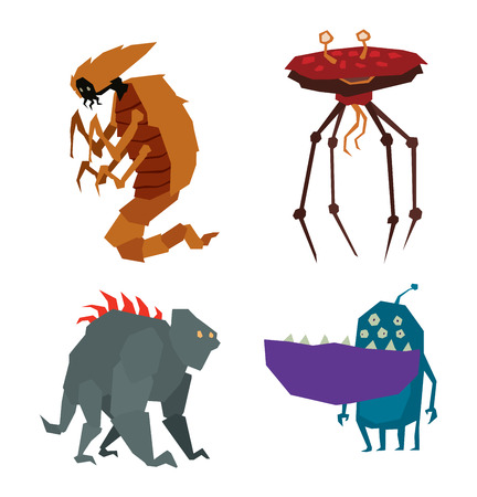 Cartoon alien monster graphic mutant character. Colorful toy cute alien monster cute cartoon creature funny animal. Vector alien monster happy ugly comic cool character.のイラスト素材