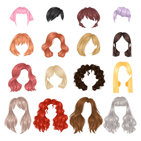 Vector design of beautiful collection of female hairstyle. Portrait beautiful woman hairstyle straight smooth brown hair. Styling brunette woman hairstyle fashion wellness pretty profile.のイラスト素材