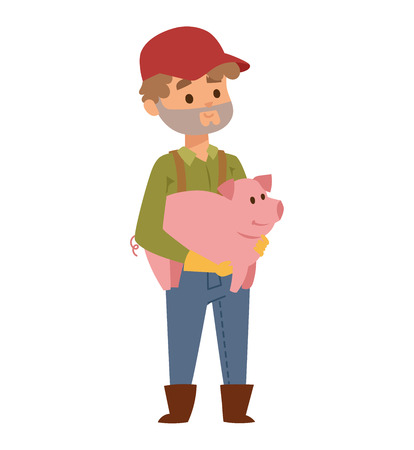 Farmer holding on hands young piglet of pietrain breed. Young farmer holding cute piglet on his shoulder. Young funny snout breeding farmer and agriculture piglet domestic pig vector character.のイラスト素材