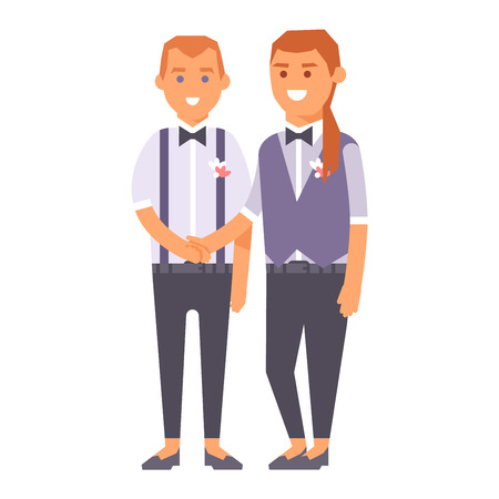 Happy gay couple in wedding attire and casual clothes. Gender civil union romance wedding gay couples together ceremony. Homosexual marriage happy groom wedding gay couples vector.のイラスト素材