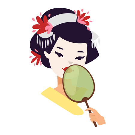 Vector kokeshi doll japanese geisha girl face character. Colorful kimono pretty traditional woman beautiful makeup japanese geisha girl. Japanese geisha girl fashion culture beauty art.のイラスト素材