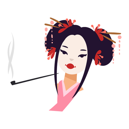 Vector kokeshi doll japanese geisha girl face character. Colorful kimono pretty traditional woman beautiful makeup japanese geisha girl. Japanese geisha girl fashion culture beauty art.のイラスト素材