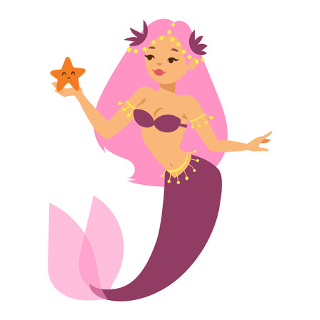 Mermaid character design coral aquatic life concept vector illustration. Human mythical woman undersea drawing mermaid nixie character. Cartoon nymph girl sea mermaid nixie character.のイラスト素材