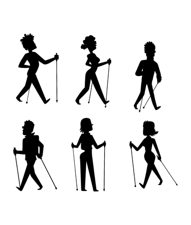 Group of nordic walkers vector character set fun leisure happy people. Nordic walking sport healthy lifestyle exercise leisure. Hiking recreation training nordic walking sport active people.のイラスト素材