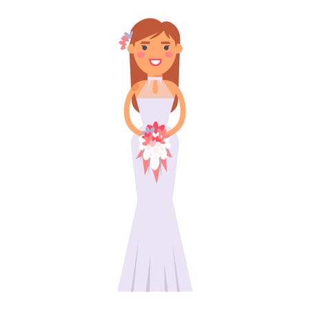 Bride girl in white dress and modern bride girl. Bride girl model bridal pretty glamour romantic lady. Woman wearing wedding white dress fashion bride girl luxury young person character vector.のイラスト素材