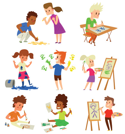 Boy and girl artist kids children. Education artist kids children painting around blank canvas with space for text. Creative little artist kids children preschool colorful characters vector.のイラスト素材