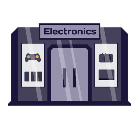 Vector flat design shop facade isolated. Some shop facade isolated on white background. Bakery, pharmacy, electronics store, ice cream shop, book shop facade, butcher shop, trendy clothing store, jewelry store facade.のイラスト素材