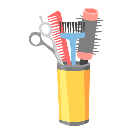 Cute hairdresser hair care icons isolated on white. Professional stylish hairdresser barber hair cutting tools. Client barber equipment icons isolated.のイラスト素材