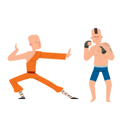 Fighter monk and kickboxer man kick punch grab throw body vector. Athlete training martial monk fighter people symbol character. Fighter man strong gym kick body. Fight monk peopleのイラスト素材