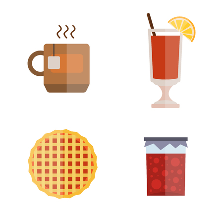 Sweet cake with cup of tea beverage plate delicious vector illustration. Summer cold drink fruit jam lemon slice tea cake. Tasty sweet food snack baked tea cake gourmet breakfast bakery cream.のイラスト素材