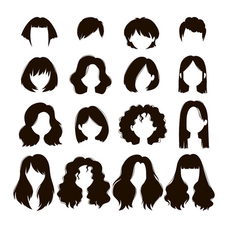 Vector design of beautiful collection of female hairstyle. Portrait beautiful woman hairstyle straight smooth brown hair. Styling brunette woman hairstyle fashion wellness pretty profile.のイラスト素材