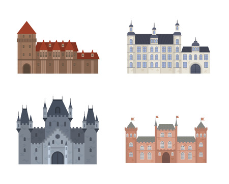 Cartoon fairy tale castle tower icon. Cute cartoon castle architecture. Vector illustration fantasy house fairytale medieval castle. Princess cartoon castle cartoon stronghold design fable isolatedのイラスト素材