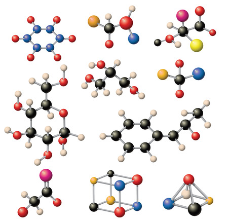 Set of colorful molecular structures in the form of sphere. Molecular structure microscopic technology, web design, geometric molecule. Organic element molecular structure evolution physics concept.のイラスト素材