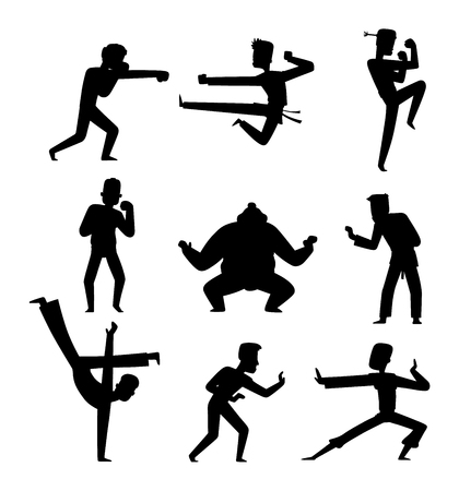 Fighters people muay thai boxing karate taekwondo wrestling kick punch grab throw people icon. Athlete training martial boxing fighters people symbol characters. Fighters people strong gym kick body.のイラスト素材