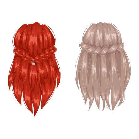 Vector design of beautiful collection of female hairstyle back view. Portrait beautiful woman hairstyle straight smooth hair. Styling brunette woman hairstyle fashion pretty profile.のイラスト素材