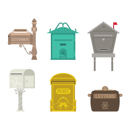 Beautiful rural curbside open and closed mailboxes with semaphore flag vector illustration. Traditional communication empty postage post mail box. Letter message post mail box service correspondence.のイラスト素材