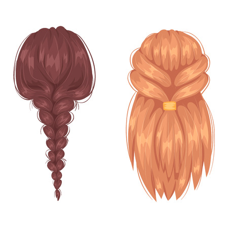 Vector design of beautiful collection of female hairstyle back view. Portrait beautiful woman hairstyle straight smooth hair. Styling brunette woman hairstyle fashion pretty profile.のイラスト素材