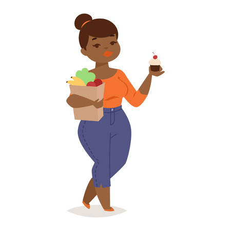 Fat people vector girl flat character illustration. Body symbol people fat girl. Healthy lifestyle person fat girl human large body.のイラスト素材