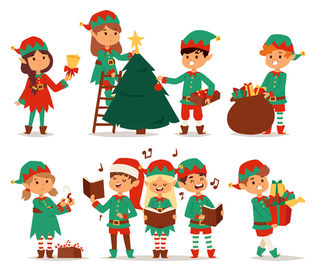 Santa Claus kids cartoon elf helpers vector illustration. Santa Claus elf helpers children. Santa helpers traditional costume. Santa family elfs isolated on background. Santa Claus elf christmas kidsのイラスト素材
