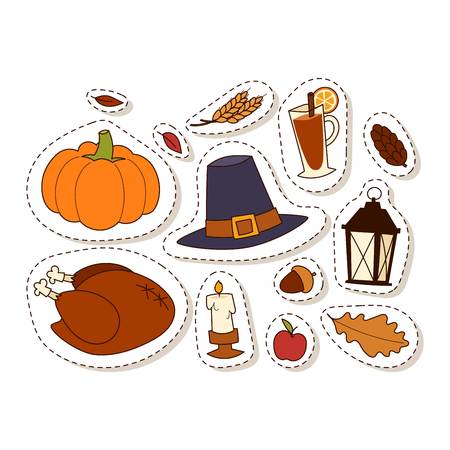 Happy thanksgiving day card design with holiday objects. Fresh food harvest autumn season thanksgiving day vector set. Traditional seasonal nature vegetable thanksgiving day pumpkin food.のイラスト素材