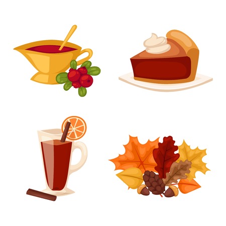 Set of colorful cartoon icons for thanksgiving day. Pumpkin holiday vector thanksgiving icons turkey design leaf celebration. Collection element traditional hat harvest day thanksgiving icons.のイラスト素材